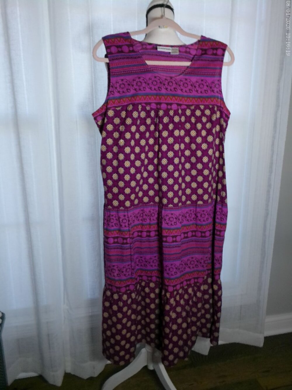 VERMONT COUNTRY STORE Slveless V-Neck Cotton Raspberry Design Blocked Dress L - Picture 2 of 7